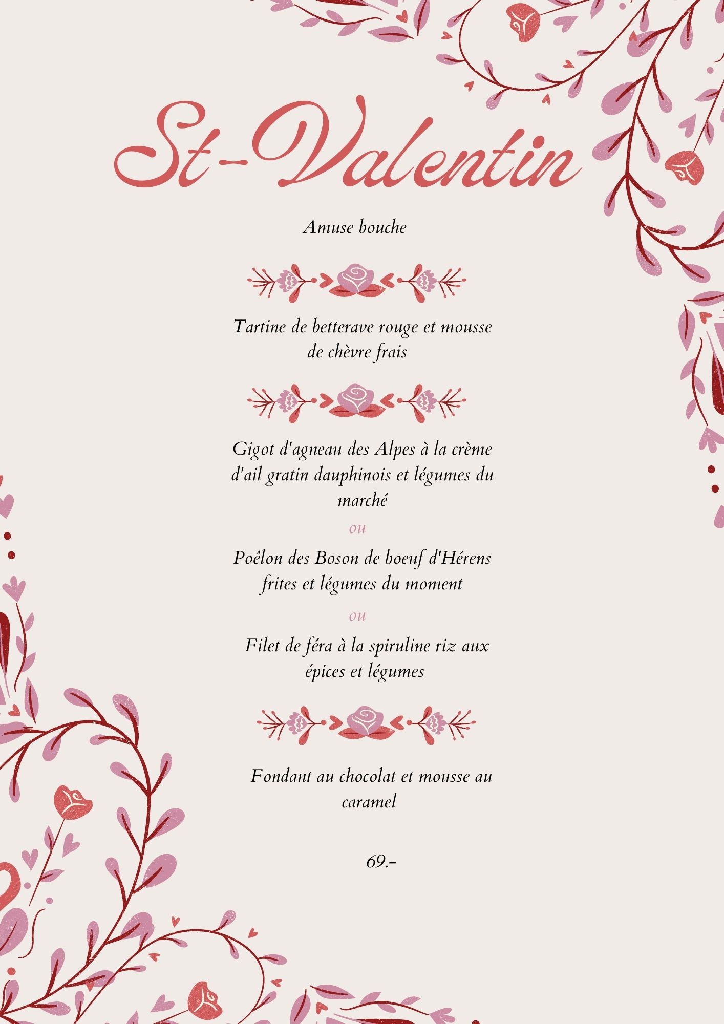 Red Pink Elegant Floral Valentine's Day Menu